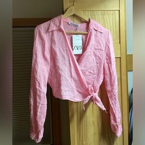 NWT Zara Pink Linen Wrap Crop Blouse